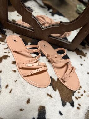 Shade & Shore Women's Triple-Strap Studded Sandals in Peachy Nude